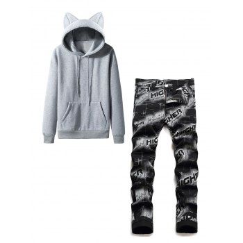 

Fleece Lining Kangaroo Pocket Hoodie With Cat Ear And Higher Letter Allover Print Straight Zip Fly Jeans Casual Outfit, Multicolor