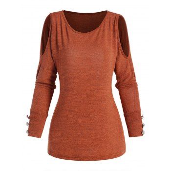 

Cold Shoulder Top Mock Button Long Sleeve Casual Heathered Top, Orange