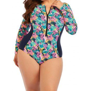 

Plus Size Tropical Flower Print One-piece Swimsuit Raglan Sleeve Padded Zip Up Modest Swimsuit, Multicolor