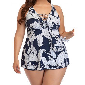 

Plus Size Leaf Allover Print Tankini Swimsuit Padded Lace Up Adjustable Strap Tankini Two Piece Swimwear Boyleg Bathing Suit, Deep blue