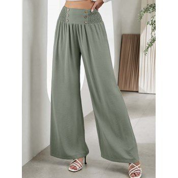 

Plain Color Pants Mock Button Shirred Elastic High Waisted Long Wide Leg Pants, Light green