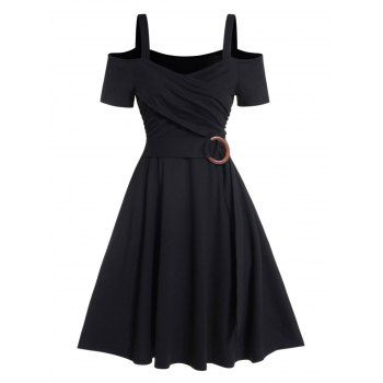 

Cold Shoulder Crossover O Ring Dress Short Sleeve Sweetheart Neck A Line Dress, Black