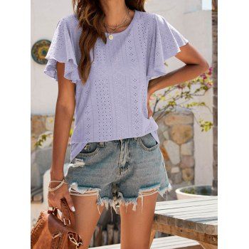 

Plain Color T Shirt Hollow Out Geometric Pattern Round Neck Flare Sleeve Casual Tee, Light purple