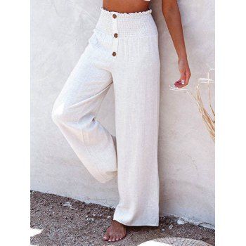 

Plain Color Pants Shirred Mock Button Ruffle Elastic High Waisted Long Wide Leg Pants, White