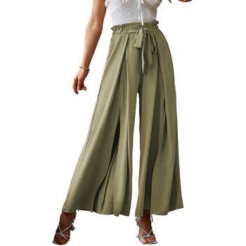 

Plain Color Wide Leg Pants Self Belted Slit Ruffle Elastic High Waisted Long Pants, Green