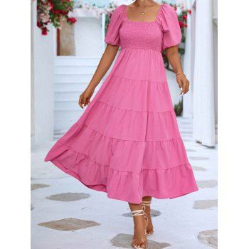 

Shirred Dress Plain Color Square Neck Tiered High Waisted A Line Midi Dress, Red
