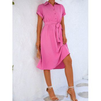 

Plain Color Shirt Dress Half Button Turn Down Collar High Waisted Belted A Line Midi Dress, Red