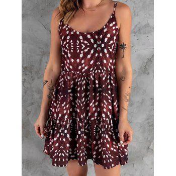 

Printed Dress Tied Back Spaghetti Strap High Waisted Sleeveless Tiered A Line Mini Dress, Deep red