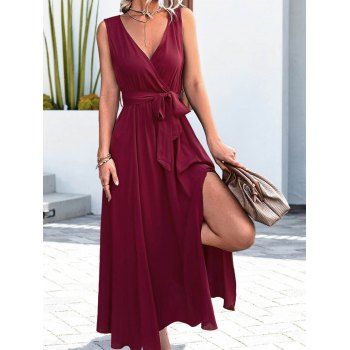 

Plain Color Dress Surplice Plunging Neck Slit Belted High Waisted A Line Midi Dress, Red