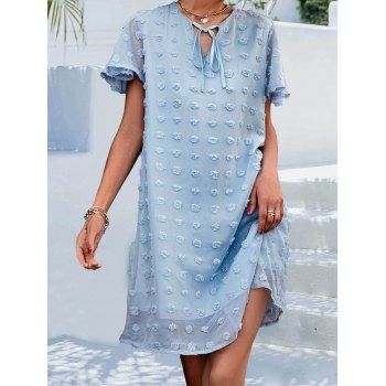

Swiss Dots Dress Plain Color Tied Front V Notched Flare Sleeve Shift Mini Dress, Light blue