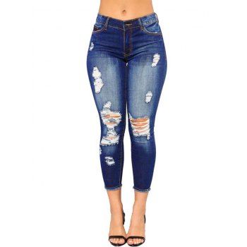 

Distressed Jeans Zipper Fly Pockets Frayed Hem Dark Wash Skinny Denim Pants, Blue