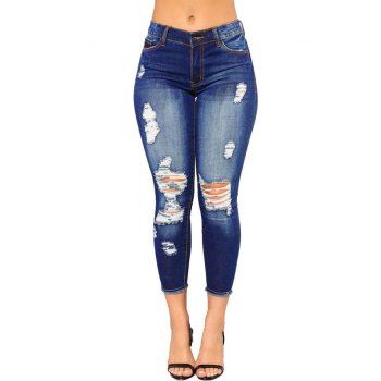 

Distressed Jeans Zipper Fly Pockets Frayed Hem Dark Wash Skinny Denim Pants, Blue