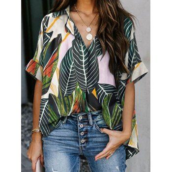 

Tropical Leaf Flower Print Shirt V Neck Curved Hem Short Sleeve Shirt, Multicolor a