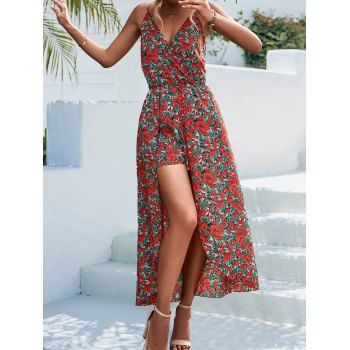 

Vacation Dress Allover Flower Leaf Print Surplice Overlay High Waisted Sleeveless A Line Midi Dress, Red