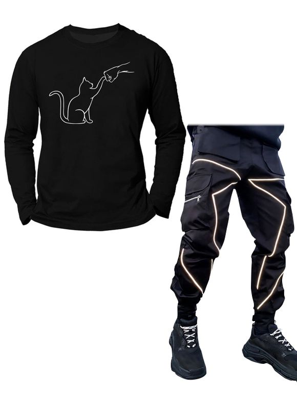 Ensemble de T-shirt à Col Rond à Imprimé Chat et Pantalon Cargo Zippé Multi-Poches Brillantes - Noir M