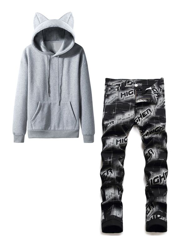 Ensemble de Sweat-shirt à Capuche Décontracté avec Poche Kangourou à Doublure en Laine et Jean Droit à Imprimé Lettre et Oreille de Chat - multicolor M