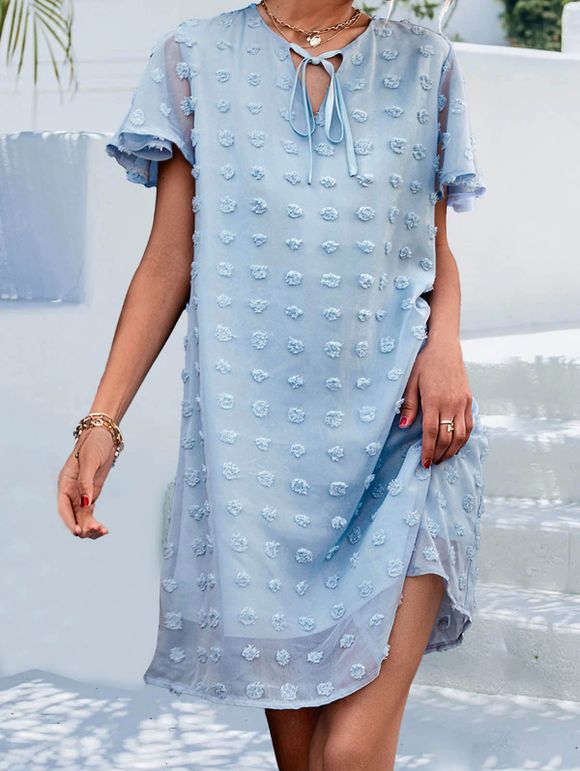 Swiss Dots Dress Plain Color Tied Front V Notched Flare Sleeve Shift Mini Dress - LIGHT BLUE XL