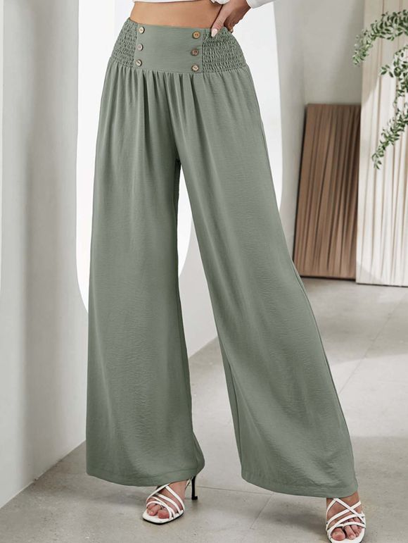 Pantalon Fluide Long Simple Plissé à Taille Haute à Jambe Large avec Faux Bouton - Vert clair XL