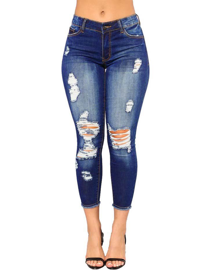 Distressed Jeans Zipper Fly Pockets Frayed Hem Dark Wash Skinny Denim Pants - BLUE XXL