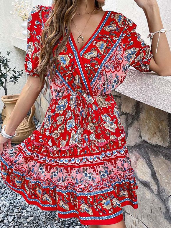 Mini Robe Ligne A Géométrique à Imprimé Fleur à Taille Haute Style Bohémien à Volants - Rouge XL