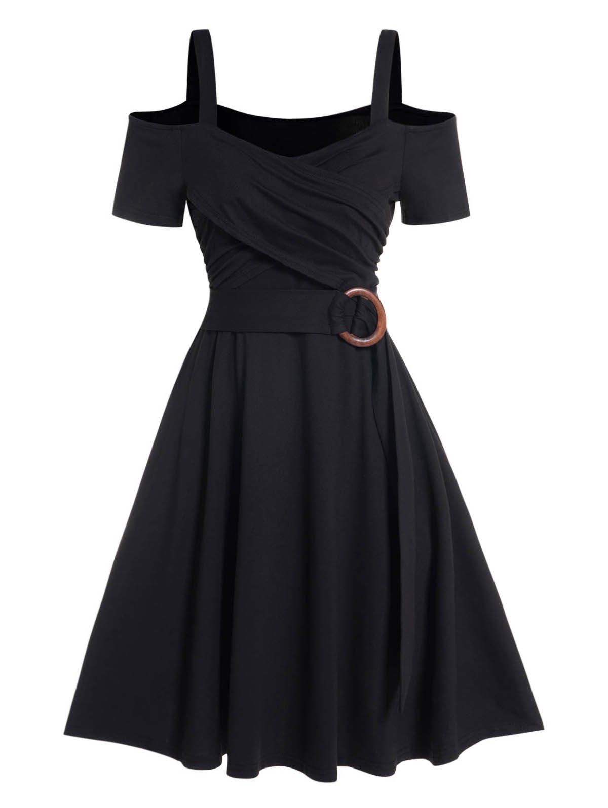 Cold Shoulder Crossover O Ring Dress Short Sleeve Sweetheart Neck A Line Dress - BLACK S