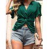 Blouse Tordu en Avant en Couleur Unie Manches Courtes à Col Plongeant - Vert profond M