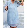 Swiss Dots Dress Plain Color Tied Front V Notched Flare Sleeve Shift Mini Dress - LIGHT BLUE XL