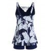 Plus Size Leaf Allover Print Tankini Swimsuit Padded Lace Up Adjustable Strap Tankini Two Piece Swimwear Boyleg Bathing Suit - DEEP BLUE XL