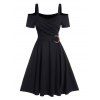 Cold Shoulder Crossover O Ring Dress Short Sleeve Sweetheart Neck A Line Dress - BLACK S