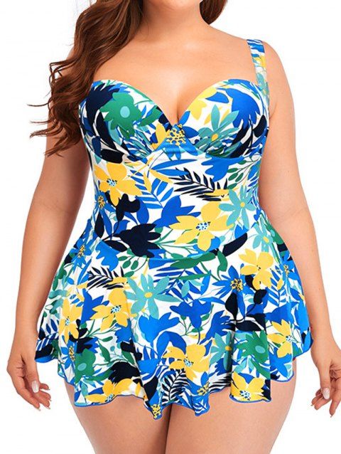 Plus Size Tropical Flower Leaf Print Swim Dress Underwire Tummy Control One-piece Swimwear