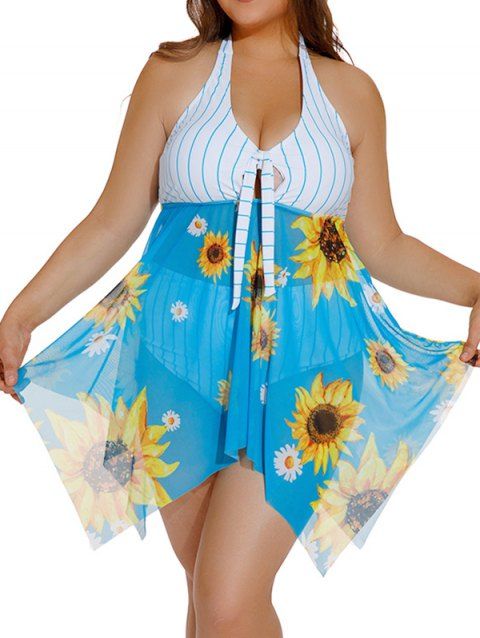 Plus Size Tankini Swimsuit Striped Flower Print Mesh Bowknot Halter Swimwear Asymmetric Tummy Control Bathing Suit