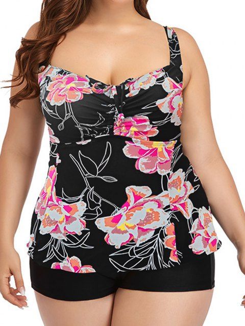 Plus Size Flower Print Tankini Swimsuit Cinched Padded Cut Out Tankini Two Piece Swimwear Boyleg Bathing Suit