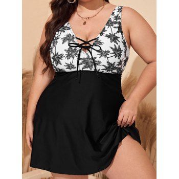 

Plus Size Tankini Swimsuit Coconut Tree Print Colorblock Padded Lace Up Modest Swimwear, Multicolor a