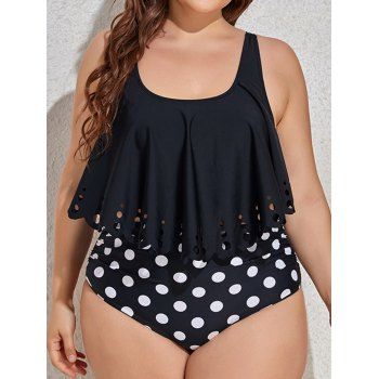 

Plus Size Hollow Out Scalloped Hem Tankini Swimsuit Padded Tummy Control Tankini Swimwear Polka Dots Print High Waist Bathing Suit, Black