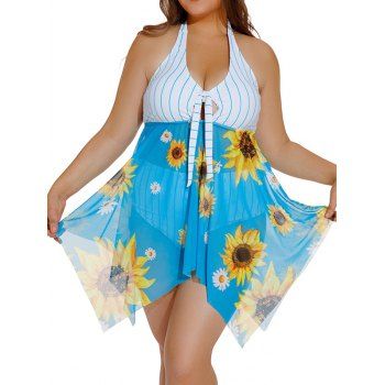 

Plus Size Tankini Swimsuit Striped Flower Print Mesh Bowknot Halter Swimwear Asymmetric Tummy Control Bathing Suit, Multicolor a