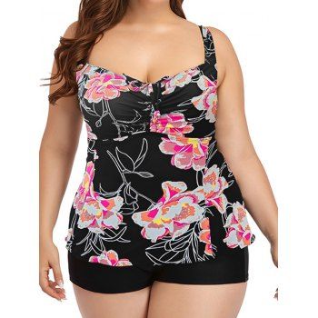 

Plus Size Flower Print Tankini Swimsuit Cinched Padded Cut Out Tankini Two Piece Swimwear Boyleg Bathing Suit, Black