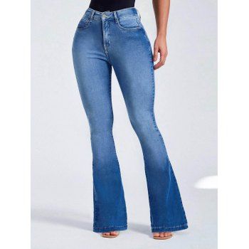 

Light Wash Flare Jeans Zipper Fly Pockets High Waisted Long Denim Pants, Blue