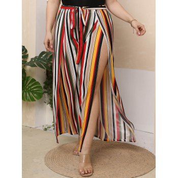 

Plus Size Pants Colored Striped Print Pants High Slit Self Belted Elastic Waist Long Wide Leg Pants, Multicolor