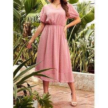 

Plus Size Dress Swiss Dots Plain Color V Neck High Waisted A Line Midi Dress, Light pink