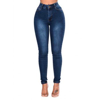 

Dark Wash Jeans Zipper Fly Pockets High Waisted Long Skinny Denim Pants, Deep blue
