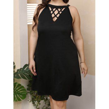 

Plus Size Dress Plain Color Sleeveless High Waisted Cut Out A Line Mini Dress, Black