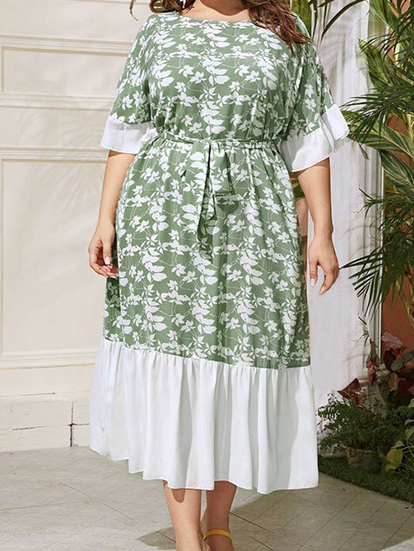 Plus Size Dress Contrast Colorblock Leaf Print Belted High Waisted Half Sleeve A Line Midi Dress - GREEN 3XL