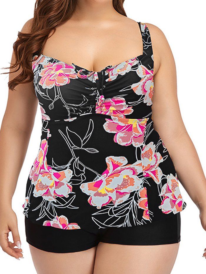 Plus Size Flower Print Tankini Swimsuit Cinched Padded Cut Out Tankini Two Piece Swimwear Boyleg Bathing Suit - BLACK 4XL