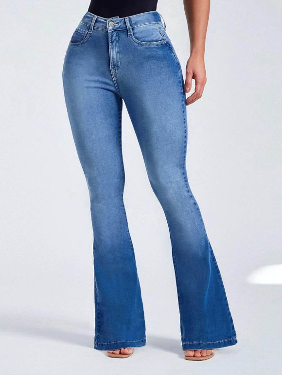 Light Wash Flare Jeans Zipper Fly Pockets High Waisted Long Denim Pants - BLUE XL