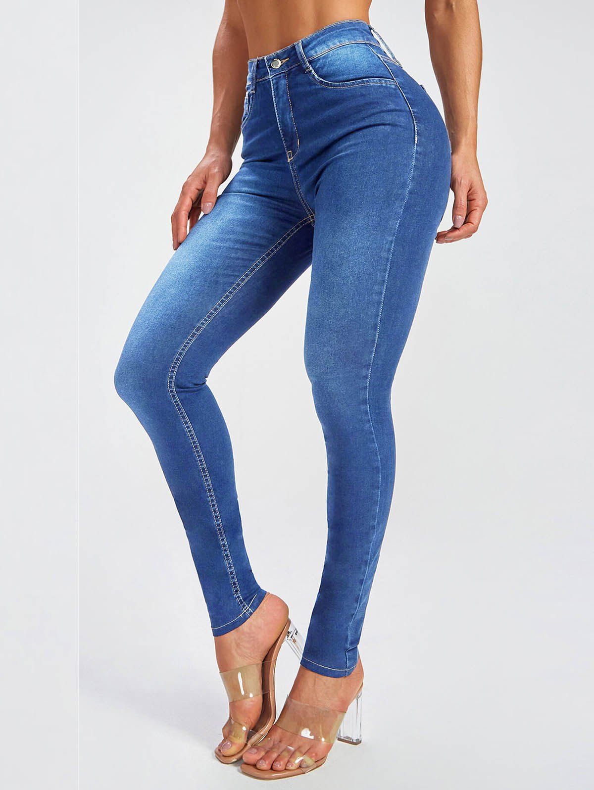 Skinny Jeans High Waisted Zipper Fly Pockets Long Denim Pants - BLUE XXL