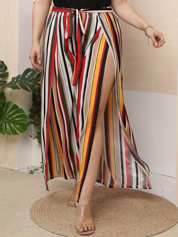 Pantalon Long Rayé Ceinturé Noué Imprimé à Taille Haute Elastique Grande Taille - multicolor 2XL
