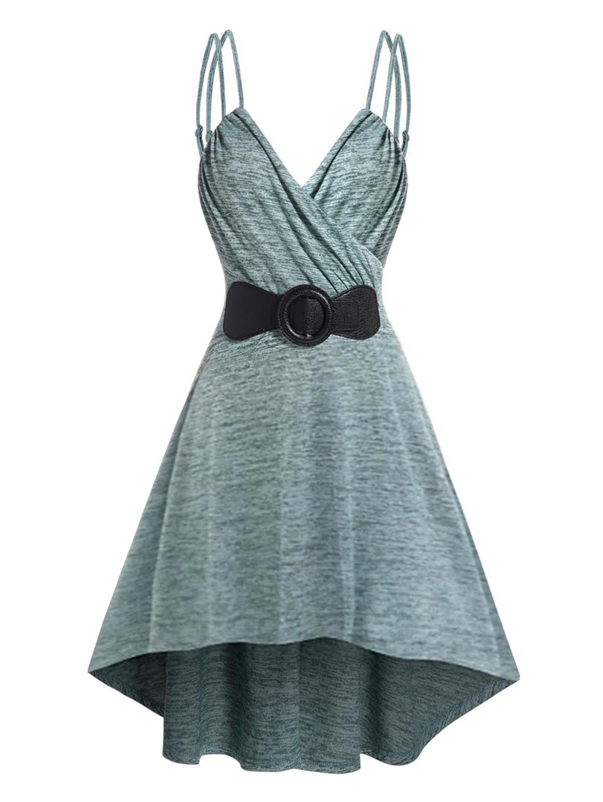 Space Dye Cami Dress Bowknot O Ring Surplice Spaghetti Strap High Low Midi Dress - LIGHT GREEN XL