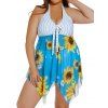 Plus Size Tankini Swimsuit Striped Flower Print Mesh Bowknot Halter Swimwear Asymmetric Tummy Control Bathing Suit - multicolor A 4XL