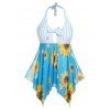 Plus Size Tankini Swimsuit Striped Flower Print Mesh Bowknot Halter Swimwear Asymmetric Tummy Control Bathing Suit - multicolor A 4XL
