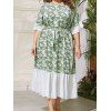 Plus Size Dress Contrast Colorblock Leaf Print Belted High Waisted Half Sleeve A Line Midi Dress - GREEN 1XL